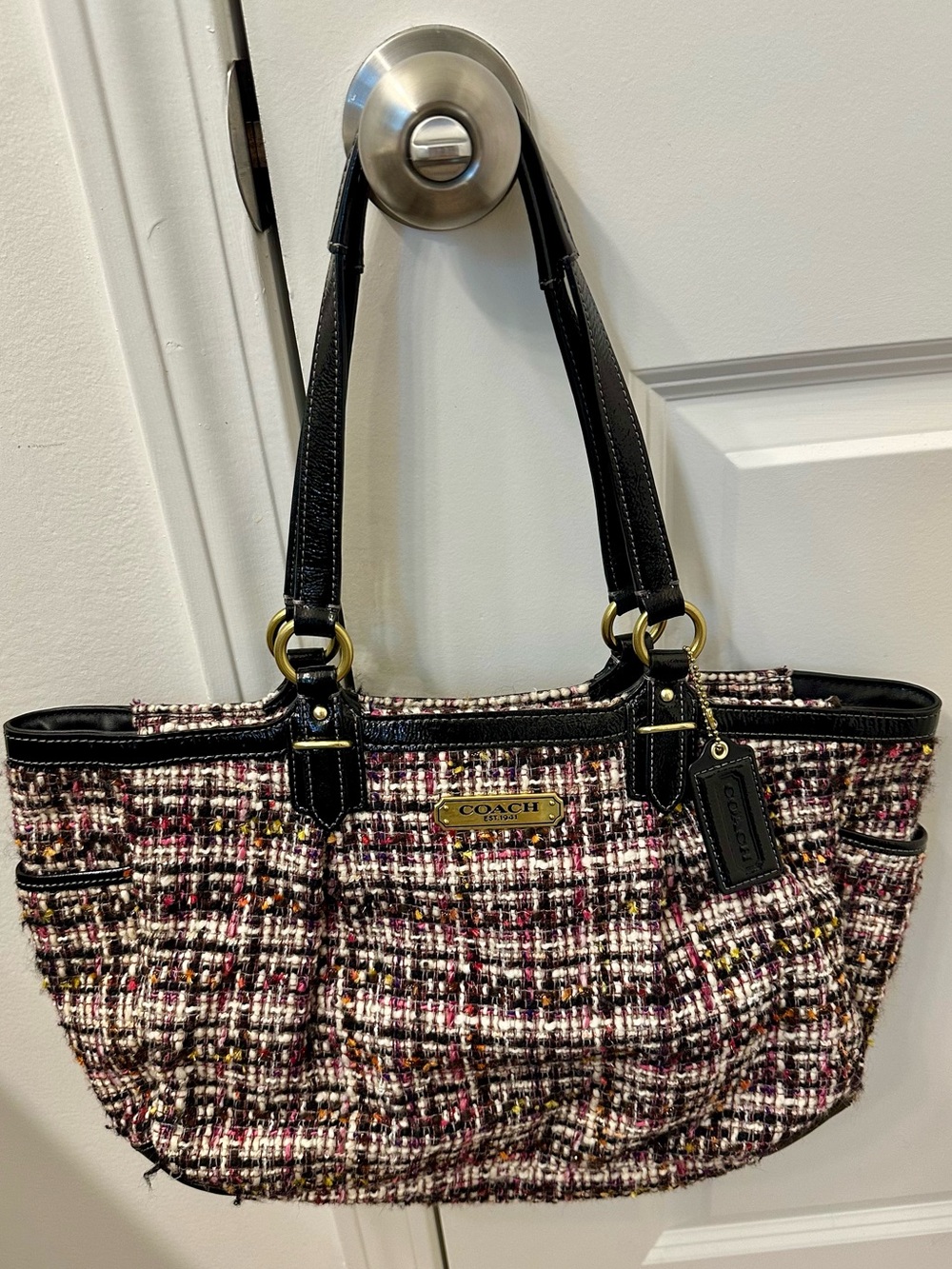 Coach Multicolor Tweed Tote with Black Leather Trim